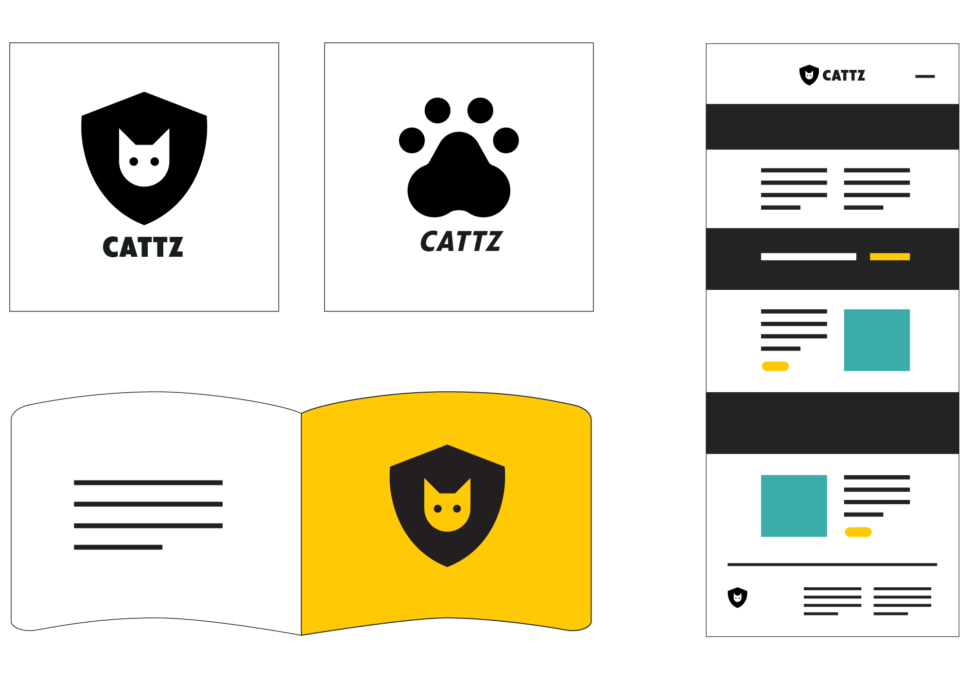 an illustration of logo mockups, a brand guide, and a website mockup, for cattz