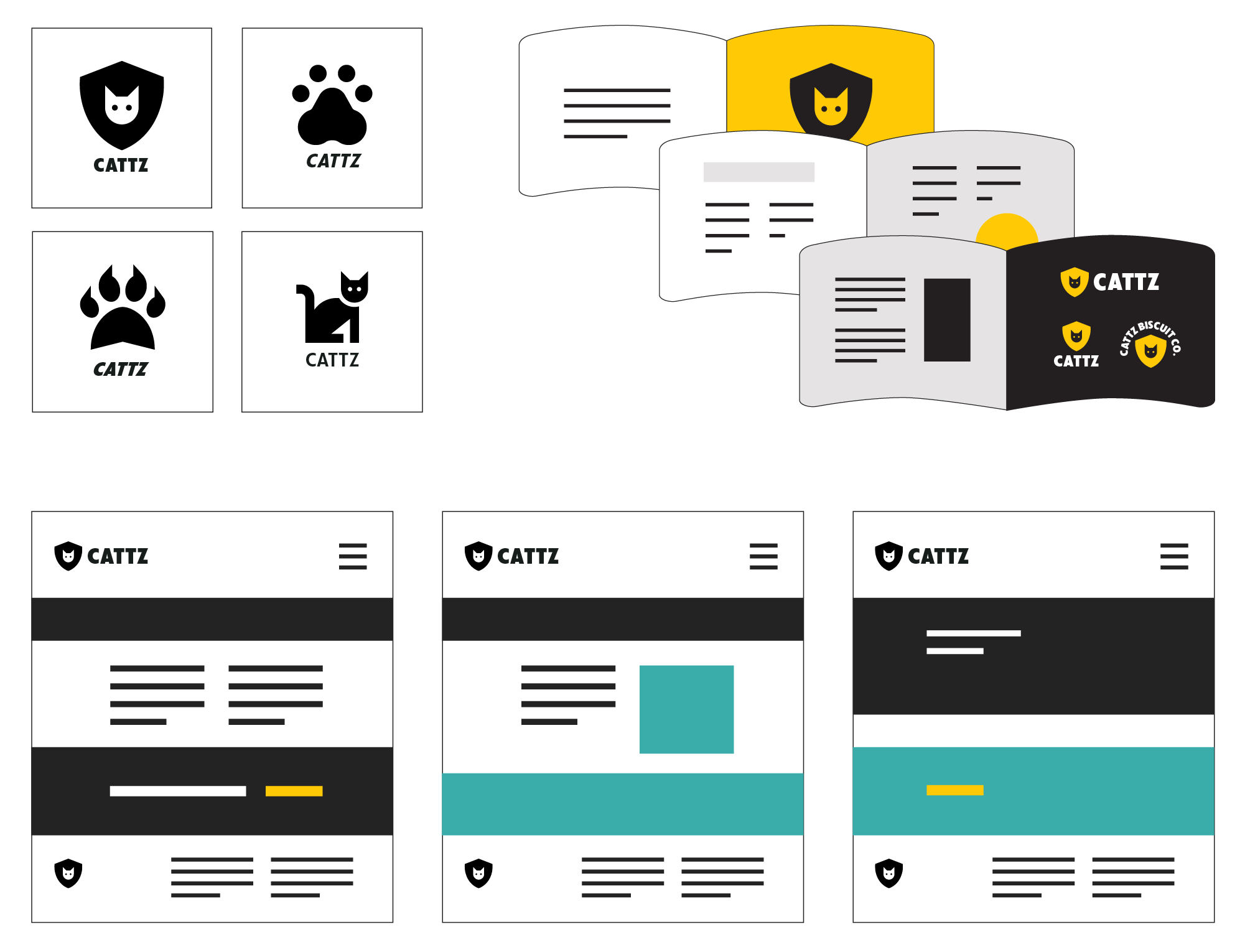 an illustration of logo mockups, a brand guide, and a website mockups